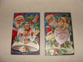 2 Antique Santa Postcards: Sweetheart Days Embossed &stamped