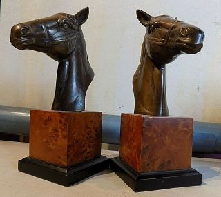 Rare Vintage 2 Bronze Horse Head On Wood Stand Bust Bookends Heavy 9 " Nr