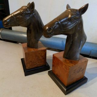 RARE VINTAGE 2 BRONZE HORSE HEAD ON WOOD STAND BUST BOOKENDS HEAVY 9 