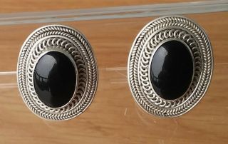 Big Vintage 925 Sterling Silver Oval Onyx Stones Pierced Earrings