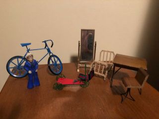 Vintage Retro Dollhouse Wood Desk Chair Bicycle Sailor Statue Bed 1:12 Scale