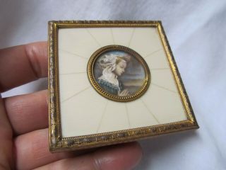 Antique Vintage French ? Miniature Maiden Gilt Metal Frame Picture