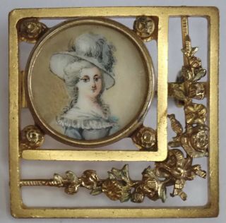 Antique Victorian Edwardian Gold Plate Hand Painted Portrait Miniature Brooch