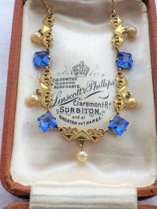 Antique Art Deco Necklace Open Back Bezel Set Glass Signed Rolled Gold Maker Sf