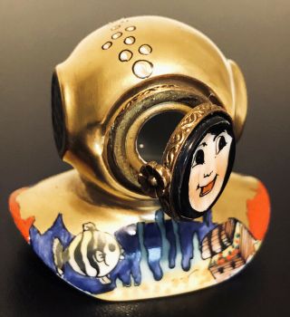 Rare Rochard Limoges Peint Main Hard Hat Diver Diving Helmet Trinket Box Mark V