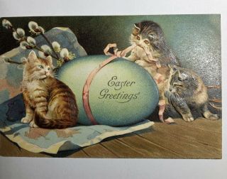 Antique Postcard Easter Greetings Cats Wrapping Egg C1908 Made In Germany