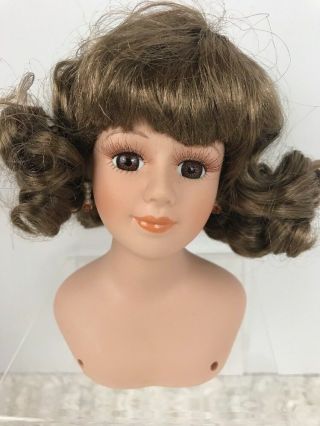 Vintage Doll Head Porcelain Brunette Wig Hair Brown Eyes Eyelashes Parts Repair