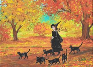 5x7 Print Of Painting Ryta Halloween Witch Black Cat Vintage Style Folk Art