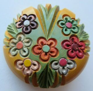 Remarkable Xl Antique Vtg Carved Bakelite Button W/ Bright Painted Flowers (p)