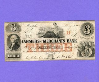 1854 $3 The Farmers & Merchants Bank Of Memphis Tenn.  Rare Higher Grade Note