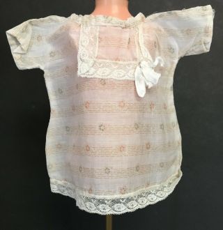 Vintage Sheer Cotton Doll Dress With Lace Trim & Ribbon 7 " Long Tie Back