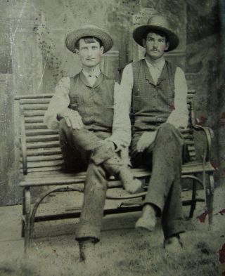 Antique Tintype Photo 2 Handsome Dapper Young Men Wearing Vests & Cowboy Hats
