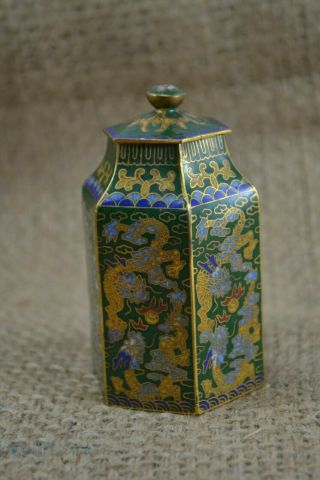 Vintage Chinese Green And Blue Cloisonné Enamel Metal Pot With Lid Small