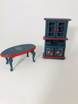 Vintage Wood Kitchen Cabinet Hutch & Table Dollhouse Miniature Hand Painted