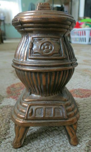 Vintage Metal Antique Rustic Copper Pot Belly Wood Burning Stove Coin Bank L@@k