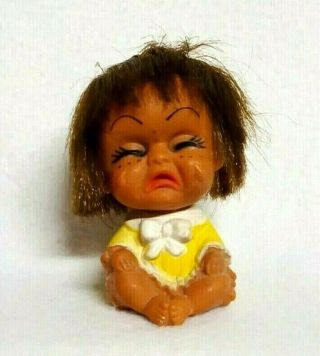 Vintage Moody Cutie Doll Crying Baby Rubber Yellow Dress Brown Hair Korea 3.  5 "