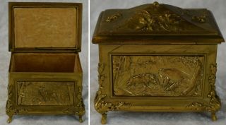 Antique Us Belgian Embassy Hunting Theme Gilt Brass Jewelry Trinket Box Casket