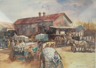 Rare Watercolor Print “one Bale At A Time” By Jack Deloney,  Never Framed,  Cotton
