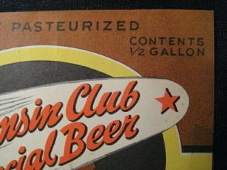 Vintage 1930 ' s Wisconsin Club Special Beer Label Burlington Brewing Company Rare 2