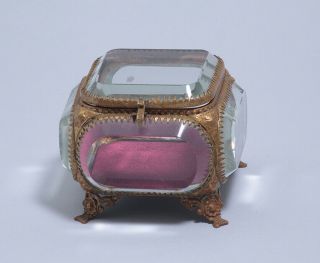 Antique French Beveled Glass Jewelry Casket Box Display