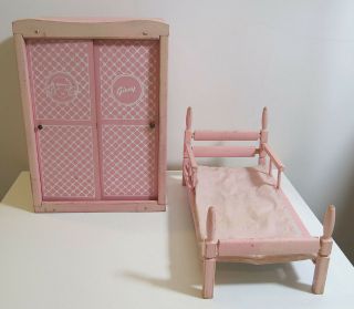Vintage Pink Wooden Wardrobe & Bed For Vogue Ginny Dolls