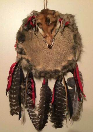 Primitive Native American Indian Warriors Coup Shield - Fox Head And Fur