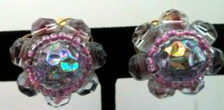 Rare Vintage Signed Castlecliff Ab Crystal Flower 7/8 " Clip Earrings G819e
