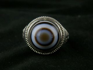 Wonderful Tibetan Silver Inlay Agate Dzi Sky Eyed Bead Ring R027
