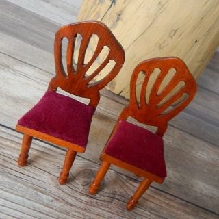 Vintage Miniature Dollhouse Wooden Chairs Padded Seat Set Of 2 1:12 Scale 3.  5 "