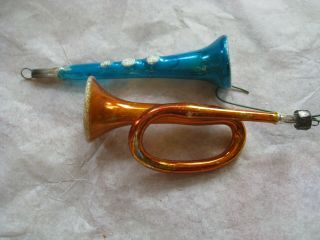 2 Antique Mercury Glass Christmas Ornaments Trumpet And Clarinet