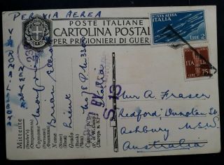 Rare 1943 Italy Ww2 Prisoner Of War Censor Postcard Sent To Ashbury Australia