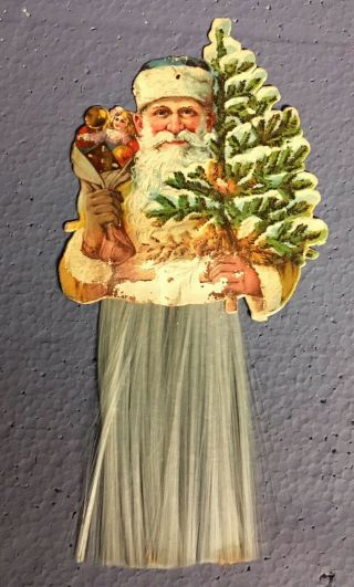 Antique German Lg Embossed Die Cut Scrap & Tinsel Spun Glass Christmas Ornament