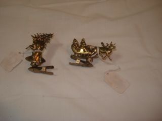 2 Antique Christmas Tree Brass Clip On Candle Holders Santa Sleigh Reindeer