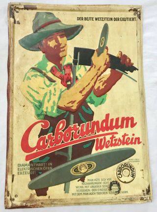 Carborundum Old Tin Advertising Sign - German Farmer & Scythe & Whetstone Rare
