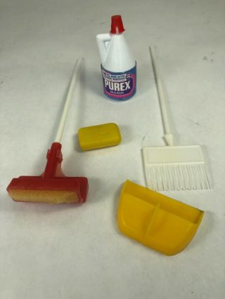 Vtg 1:6 Scale Barbie Size Cleaning Supplies Broom Dust Pan Mop Soap Purex Bleach