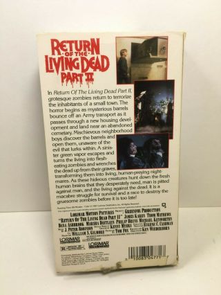 Rare - VHS Return Of The Living Dead II 2 Zombie Horror Movie 1987 Halloween 2