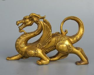 Old Antique Fengshui Pure Brass Evil Dragon Kylin Unicorn Wing Beast Statue
