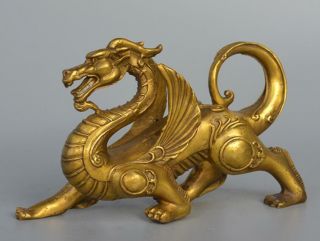 Old antique Fengshui Pure Brass Evil Dragon Kylin Unicorn Wing Beast statue 2