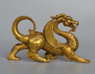 Old antique Fengshui Pure Brass Evil Dragon Kylin Unicorn Wing Beast statue 3