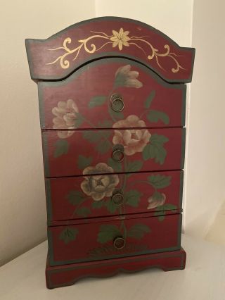 Vintage Hand Painted Box With Drawers Folk Art And Velvet Drawers