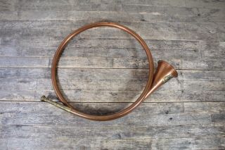 Large Vintage Copper & Brass Curved Hunting Horn With Danish Military Insignia.