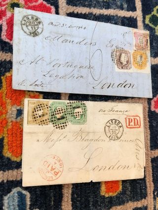 2 Rare 1864 & 1866 Lisbon Portugal Folded Letter Postal Cover To London