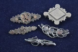 5 X Antique 925 Sterling Silver Victorian Brooches Inc Aesthetic,  Mourning (18g)