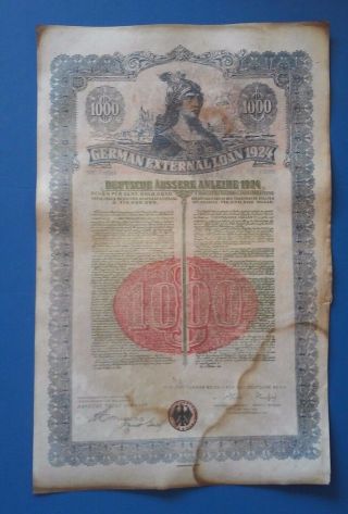 Rare German External Loan 1924 $1000 Dollars Uncancelled Dawes Loan
