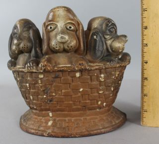 Antique Early 20thc Painted Cast Iron Basset Hound Puppies In Basket Doorstop