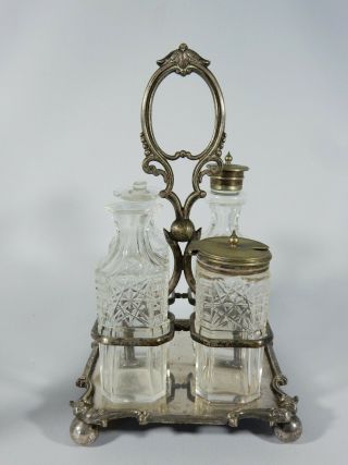 Antique Victorian Edwardian Silver Plated Cut Glass Cruet Set Bottle Condiment