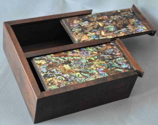 Collectable Old Handwork Decor Boxwood Inlay Beauty Shell Auspicious Jewelry Box