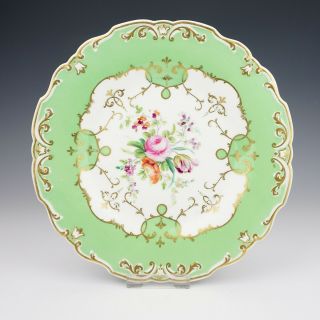 Antique English Porcelain Hand Painted Flowers Plate - With Green Glazed Borders