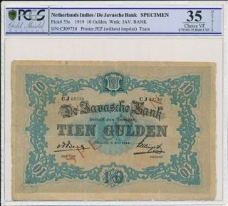 De Javasche Bank Netherlands Indies 10 Gulden 1919 Rare Pcgs 35details