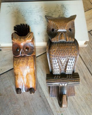Vintage Black Forest Carved Wooden Owl Brush Holder And Coat Hanger